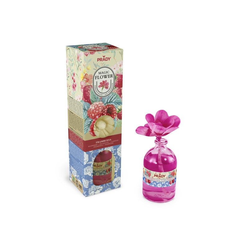 Désodorisant d'ambiance Prady Magic Flower Framboise - Flacon en verre de 100 ml