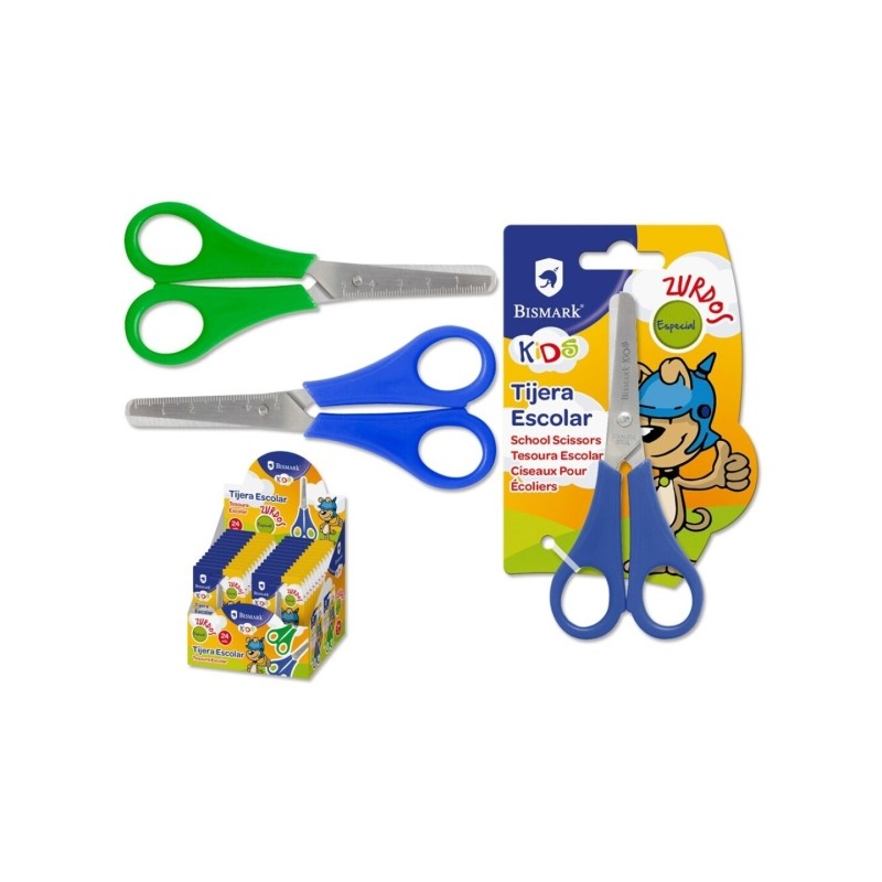 LOT de 24 Ciseaux d'école Bismark pour gauchers - Manches en plastique - Pointe émoussée - Bleu et vert