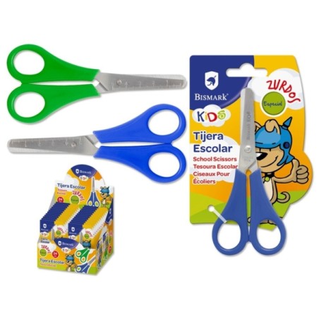 ✅ LOT de 24 Ciseaux d'école Bismark pour gauchers - Manches en plastique - Pointe émoussée - Bleu et vert cou en stock
