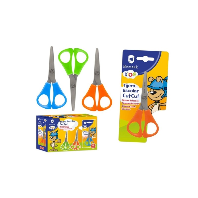 LOT de 12 Ciseaux d'école Bismark Kids Cut-Cut - Manches en plastique - Pointe émoussée - Couleurs assorties