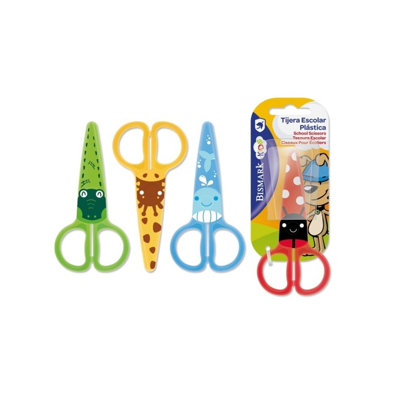 LOT de 24 Ciseaux d'école en plastique Bismark pour enfants - Décorés d'animaux - Punta Roma - 4 modèles assortis