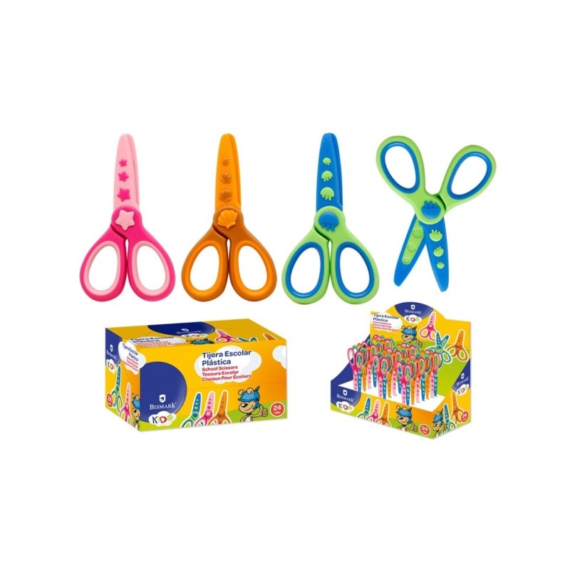LOT de 24 Ciseaux d'école en plastique Bismark pour enfants - Décorés de motifs marins - Punta Roma - 3 modèles assortis