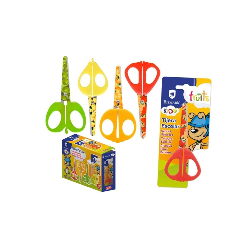 LOT de 12 Ciseaux d'école Bismark Kids Fruits 13 cm - Lames et manches décorés de fruits - Manches en plastique - Pointe