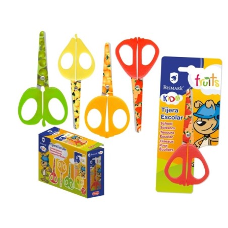 ✅ LOT de 12 Ciseaux d'école Bismark Kids Fruits 13 cm - Lames et manches décorés de fruits - Manches en plast en stock