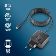 Chargeur mural NGS GAN 45W-C GaN 45 W - USB-C - PD 3.0 PPS - Charge intelligente pour ordinateur portable/tablette/smartphone