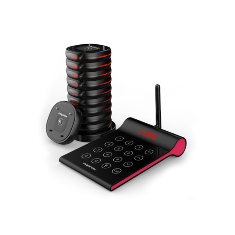 Kit d'appel client Approx - Base de chargement - 10 unités - Portée de 400 m - Émetteur avec clavier tactile - Noir