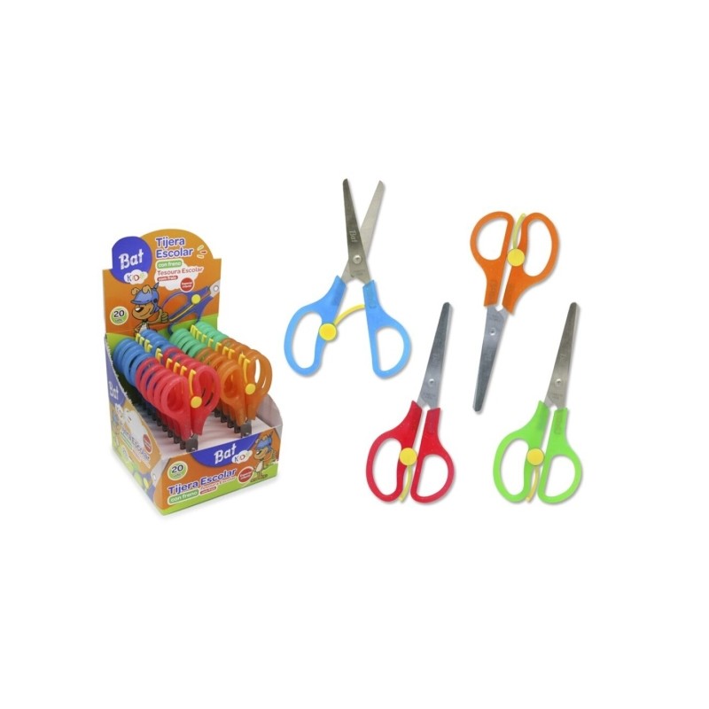 LOT de 20 Ciseaux d'école pour chauve-souris Bismark 13 cm avec frein - Manches en plastique - Pointe émoussée - 4 couleurs