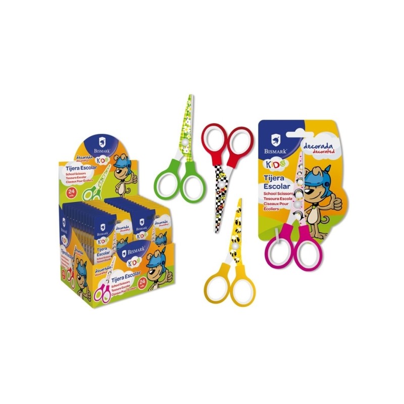 LOT de 24 Ciseaux d'école Bismark Kids Deco 13 cm - Acier allié extra-fort - Lames décorées - Manches en plastique - Pointe