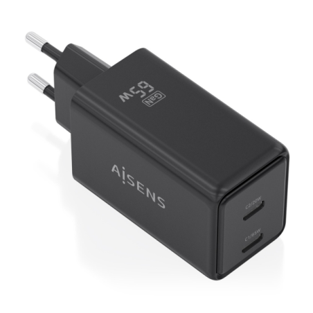 Chargeur Aisens GaN 65 W - 2 ports USB-C PD3.0 QC4.0 - Technologie IA - Noir