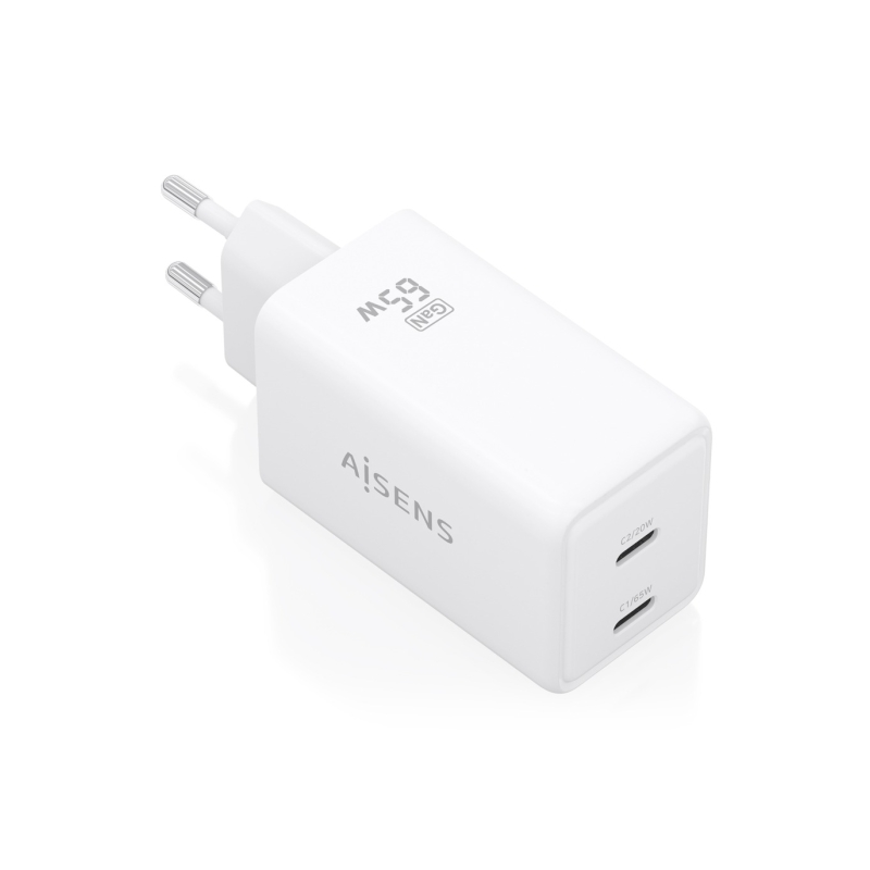 Chargeur Aisens GaN 65 W - 2 ports USB-C PD3.0 QC4.0 - Technologie IA - Blanc