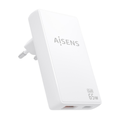 Chargeur Aisens Ultra Slim GaN 65 W - 1 port USB-C PD3.0 QC4.0 - 1 port USB-A QC3.0 - Technologie IA - Blanc