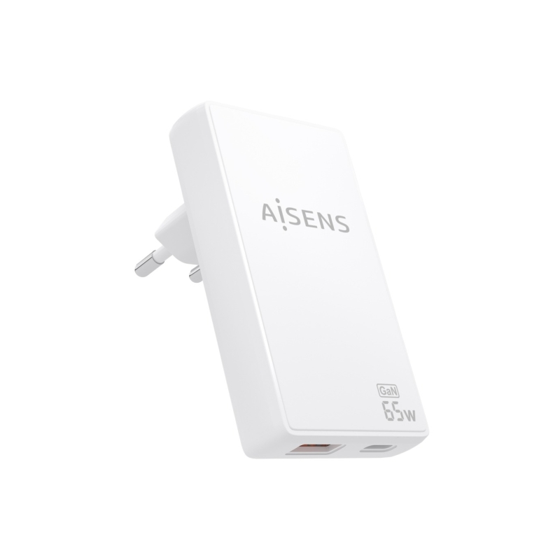 Chargeur Aisens Ultra Slim GaN 65 W - 1 port USB-C PD3.0 QC4.0 - 1 port USB-A QC3.0 - Technologie IA - Blanc