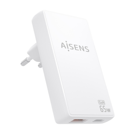 Chargeur Aisens Ultra Slim GaN 65 W - 1 port USB-C PD3.0 QC4.0 - 1 port USB-A QC3.0 - Technologie IA - Blanc