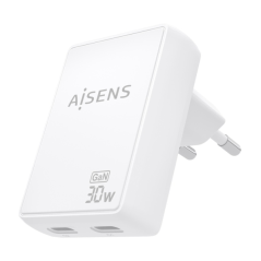 Chargeur Aisens Ultra Slim GaN 30 W - 2 ports USB-C PD3.0 QC4.0 - Technologie IA - Blanc
