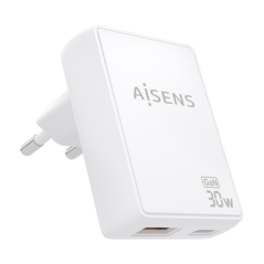 Chargeur Aisens Ultra Slim GaN 30 W - 1 port USB-C PD3.0 QC4.0 - 1 port USB-A QC3.0 - Technologie IA - Blanc