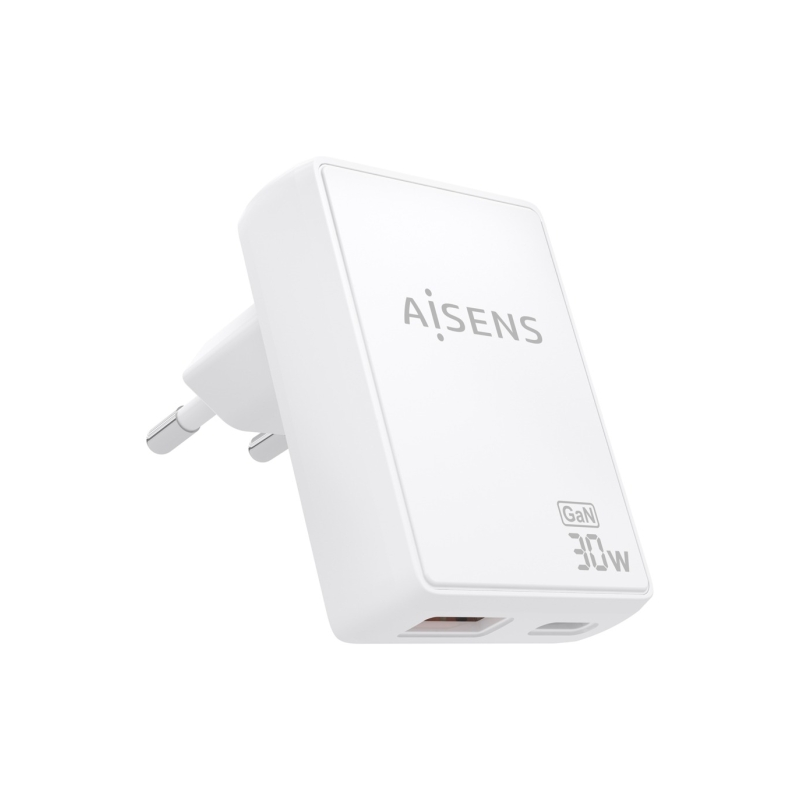 Chargeur Aisens Ultra Slim GaN 30 W - 1 port USB-C PD3.0 QC4.0 - 1 port USB-A QC3.0 - Technologie IA - Blanc