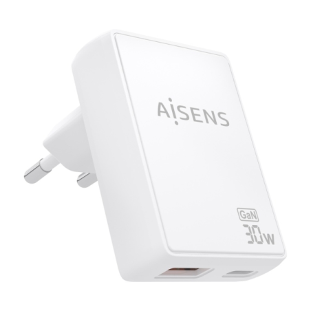 Chargeur Aisens Ultra Slim GaN 30 W - 1 port USB-C PD3.0 QC4.0 - 1 port USB-A QC3.0 - Technologie IA - Blanc