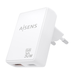 Chargeur Aisens Ultra Slim GaN 30 W - 1 port USB-C PD3.0 QC4.0 - 1 port USB-A QC3.0 - Technologie IA - Blanc