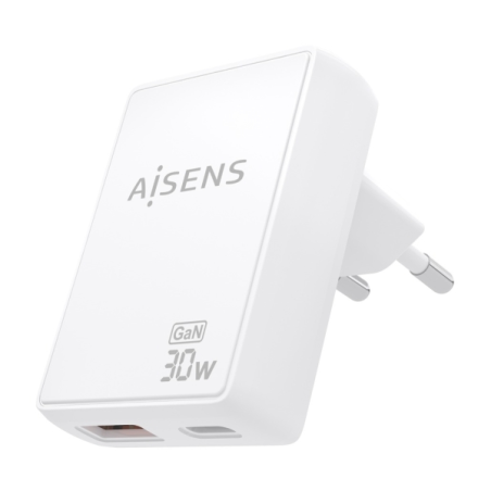 Chargeur Aisens Ultra Slim GaN 30 W - 1 port USB-C PD3.0 QC4.0 - 1 port USB-A QC3.0 - Technologie IA - Blanc
