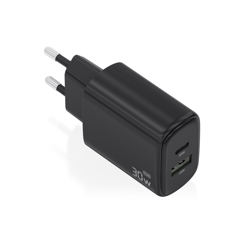 Chargeur Aisens GaN 30 W - 1 port USB-C PD3.0 QC4.0 - 1 port USB-A QC3.0 - Technologie IA - Couleur noire