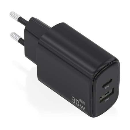 Chargeur Aisens GaN 30 W - 1 port USB-C PD3.0 QC4.0 - 1 port USB-A QC3.0 - Technologie IA - Couleur noire