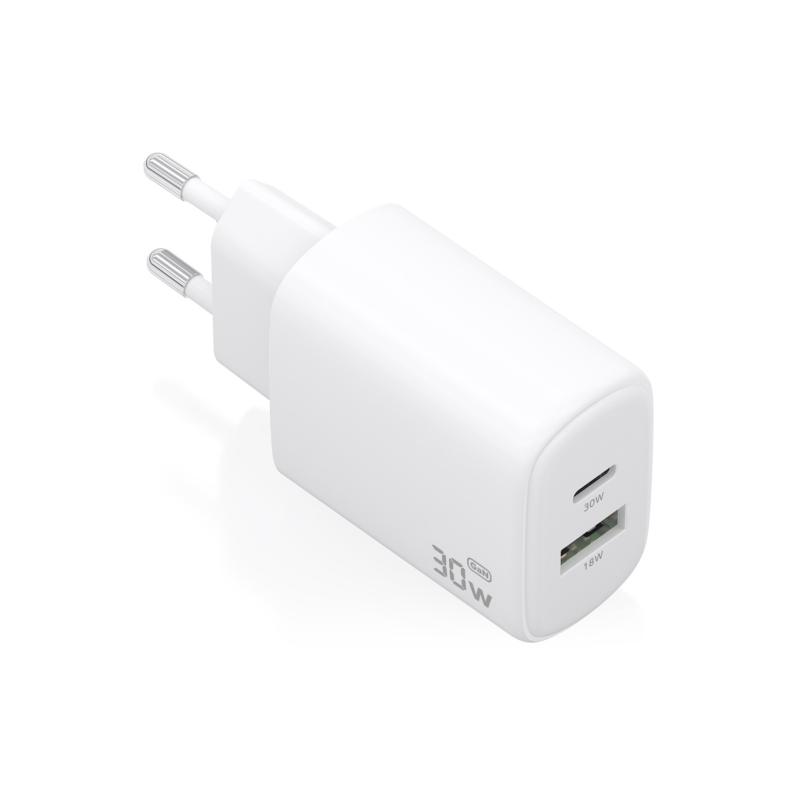 Chargeur Aisens GaN 30 W - 1 port USB-C PD3.0 QC4.0 - 1 port USB-A QC3.0 - Technologie IA - Blanc