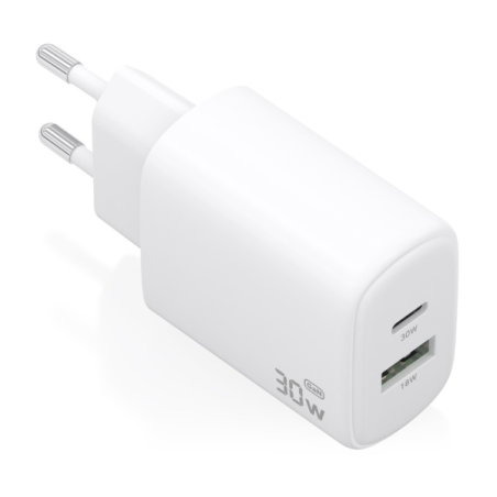 Chargeur Aisens GaN 30 W - 1 port USB-C PD3.0 QC4.0 - 1 port USB-A QC3.0 - Technologie IA - Blanc