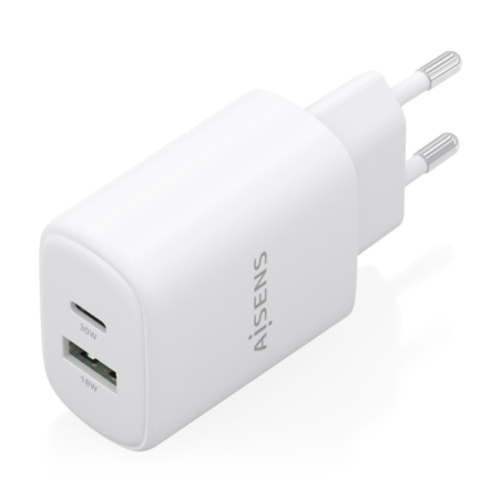 Chargeur Aisens GaN 30 W - 1 port USB-C PD3.0 QC4.0 - 1 port USB-A QC3.0 - Technologie IA - Blanc