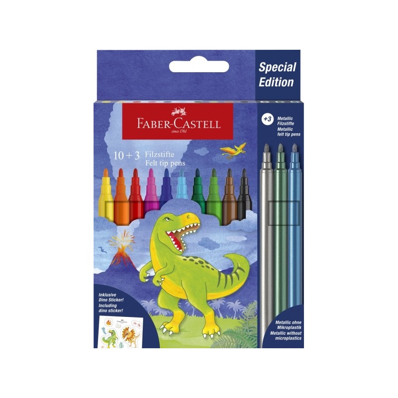 Marqueurs de couleur Faber-Castell Dinosaure - 13 pièces, 10 classiques, 3 métalliques
