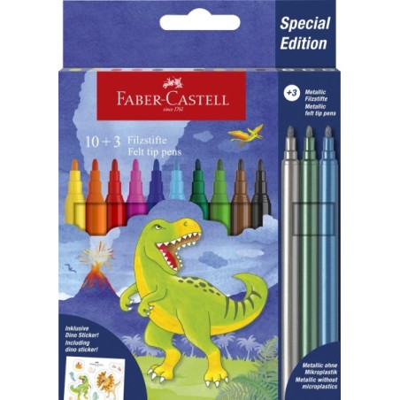 ✅ Pack de 13 marqueurs de couleur Faber-Castell Édition Dinosaure - 10 couleurs classiques + 3 couleurs métall en stock