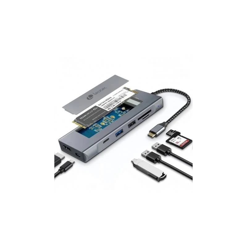 Station d'accueil Leotec LEDS07 8-en-1 USB-C avec emplacement SSD M.2 - HDMI 4K - Alimentation 100 W - USB 3.2 et USB-C 10