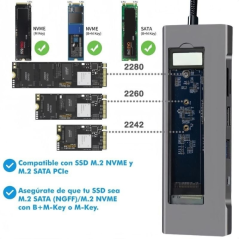 Station d'accueil Leotec LEDS07 8-en-1 USB-C avec emplacement SSD M.2 - HDMI 4K - Alimentation 100 W - USB 3.2 et USB-C 10