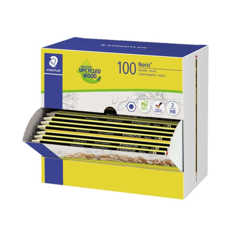 Coffret Staedtler Noris 120-2 avec 100 crayons graphite hexagonaux HB - Mine ultra-résistante de 2 mm - Bois issu de forêts
