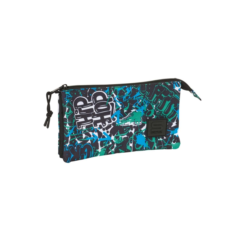 Trousse Safta Graffiti Go - 3 compartiments zippés - Poche intérieure - 0,60 L - 220 x 30 x 120 mm - Bleu foncé