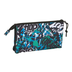 Trousse Safta Graffiti Go - 3 compartiments zippés - Poche intérieure - 0,60 L - 220 x 30 x 120 mm - Bleu foncé