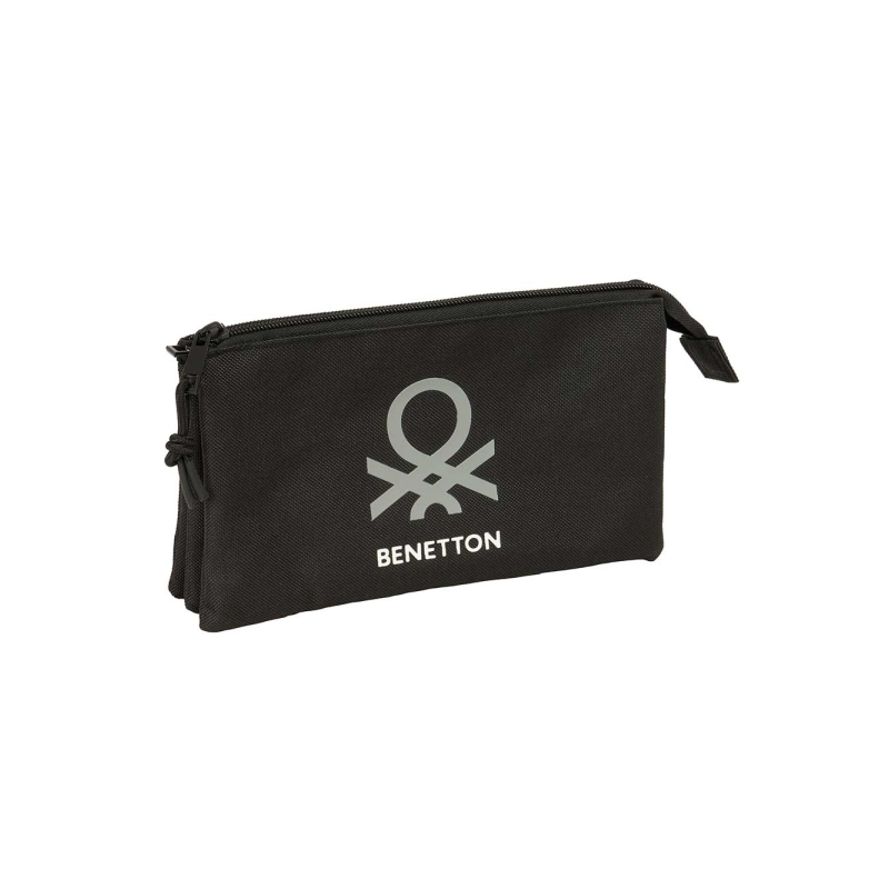 Trousse Safta Benetton Basics - 3 compartiments zippés - Poche intérieure - 0,6 L - 220 x 30 x 120 mm - Noire