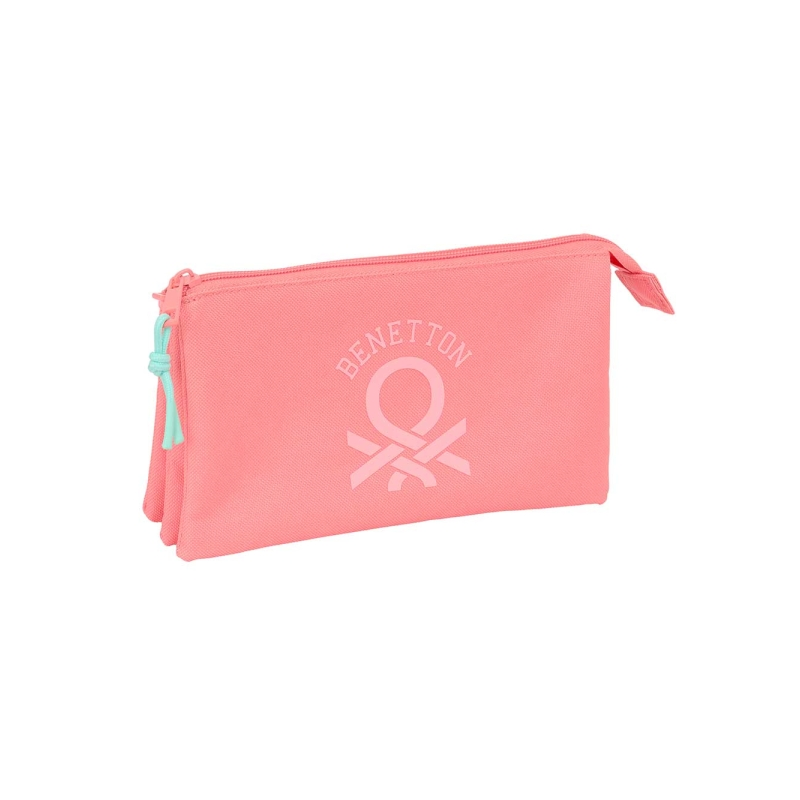 Trousse Safta Benetton Basics - 3 compartiments zippés - Poche intérieure - 0,6 L - 220 x 30 x 120 mm - Corail