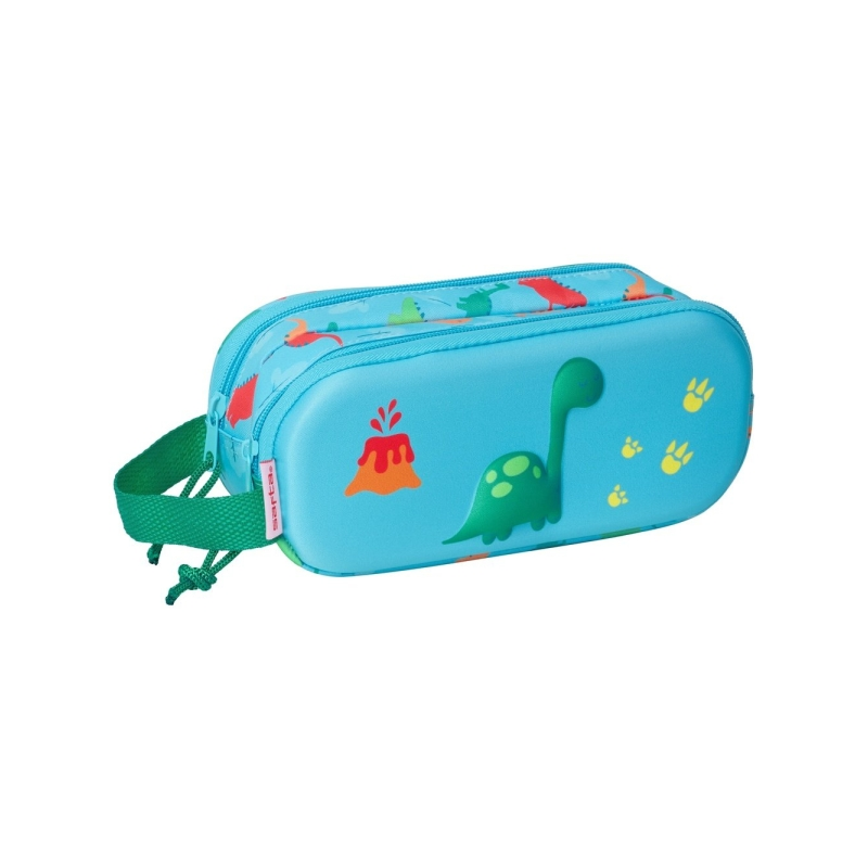 Trousse Safta Dino - 2 compartiments zippés - Poignée latérale - Bleue