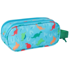 Trousse Safta Dino - 2 compartiments zippés - Poignée latérale - Bleue