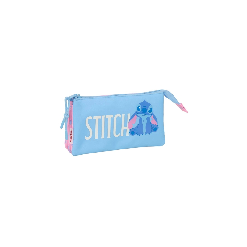 Trousse Safta Stitch Bright - 3 compartiments zippés - Poche intérieure - 0,6 L - 220 x 30 x 120 mm - Bleue