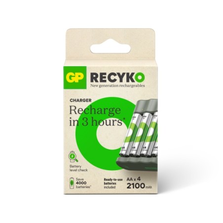 ✅ Pack chargeur USB GP ReCyko + 4 piles AA rechargeables 2100 mAh couleur Plusieurs couleurs en stock