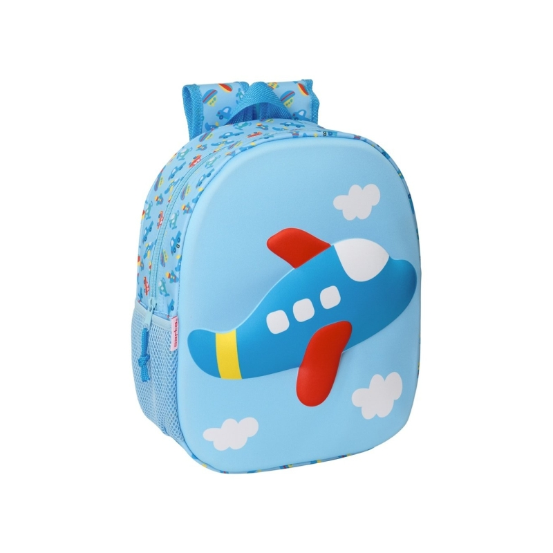 Sac à dos 3D Safta Avion - Porte-bouteille - Bretelles rembourrées - Poignée supérieure - Bleu clair