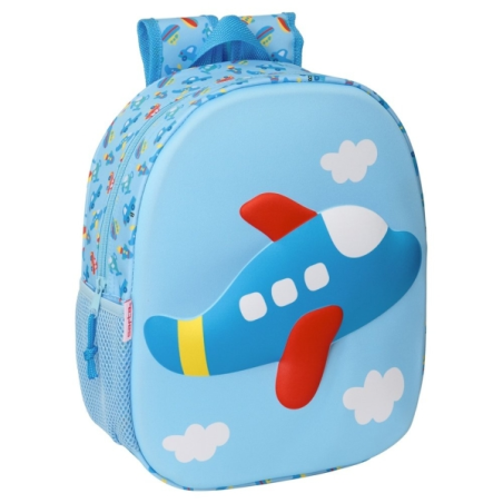 Sac à dos 3D Safta Avion - Porte-bouteille - Bretelles rembourrées - Poignée supérieure - Bleu clair