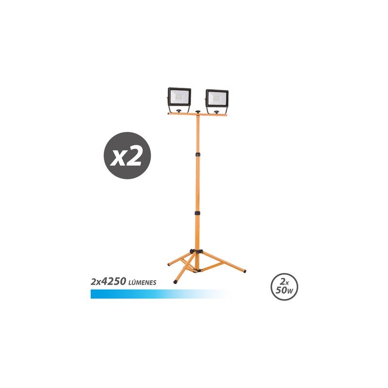 Projecteur LED Elbat avec trépied 2 x 50W - 4250 Lumens - Lumière froide 6500K - Câble 3m - IP65 pour usage extérieur