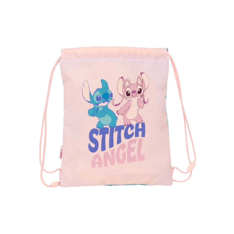 Sac plat Safta Stitch Ohana - Poche zippée - Fermeture à cordon - 3 L - 260 x 10 x 340 mm - Rose pastel