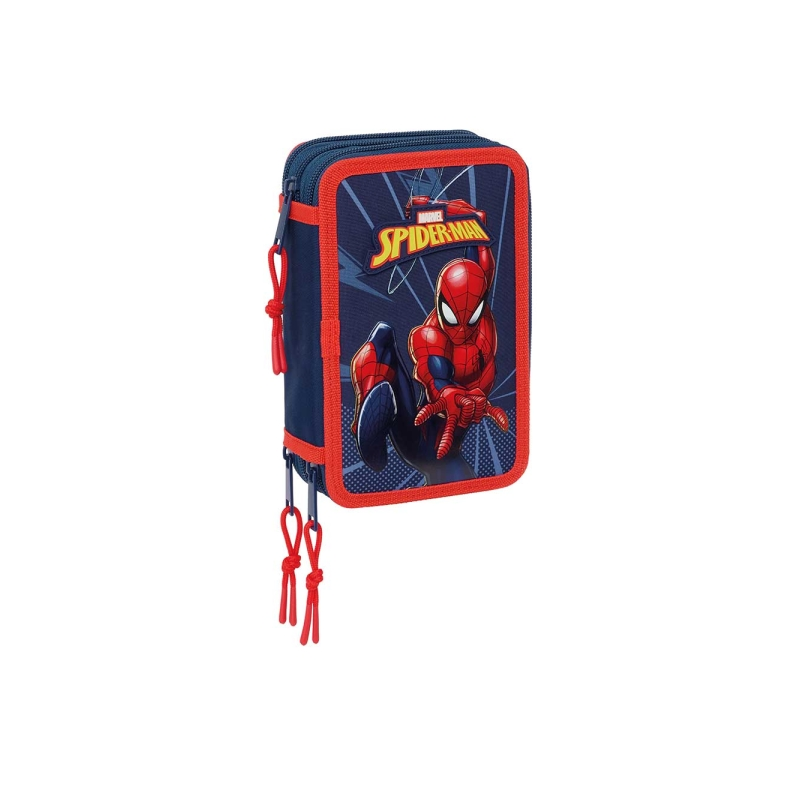 Trousse Safta Spider-Man à 3 compartiments - 37 pièces - 1,3 L - Gomme - Crayon - Stylos - Taille-crayon - Règles - 16 couleurs