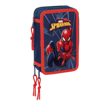 Trousse Safta Spider-Man à 3 compartiments - 37 pièces - 1,3 L - Gomme - Crayon - Stylos - Taille-crayon - Règles - 16 couleurs