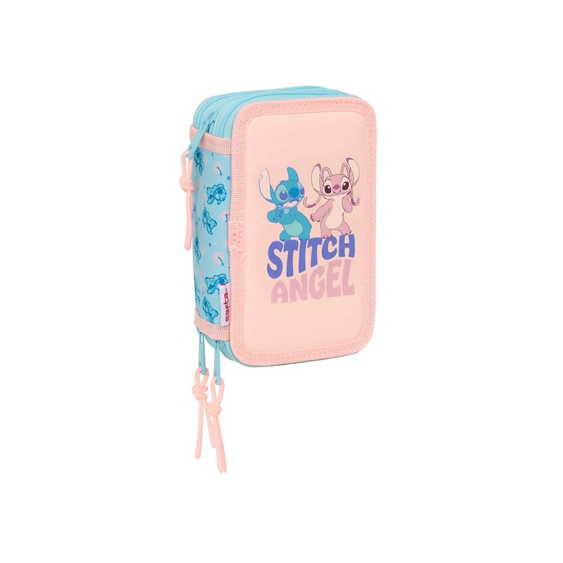 Trousse Safta Stitch Ohana à 3 compartiments - 37 pièces - 1,3 L - Gomme - Crayons à papier - Stylos - Taille-crayon - Règles