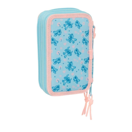 Trousse Safta Stitch Ohana à 3 compartiments - 37 pièces - 1,3 L - Gomme - Crayons à papier - Stylos - Taille-crayon - Règles