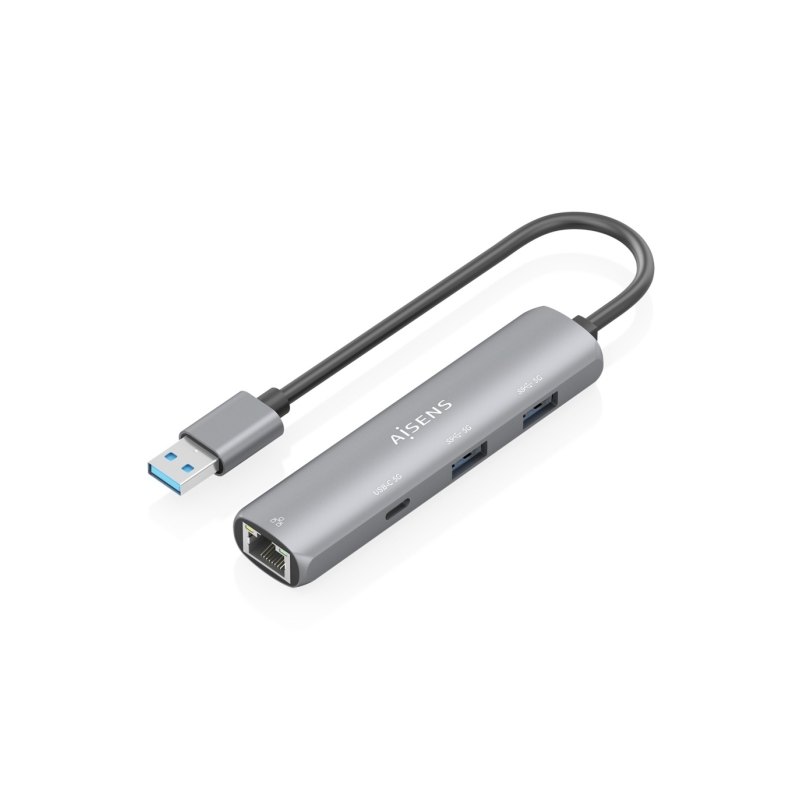 Adaptateur réseau Aisens ASUC-4P035-GR USB 3.0 vers Gigabit Ethernet + Hub - 1 port USB-C et 2 ports USB-A 3.0 - 15 cm - Gris